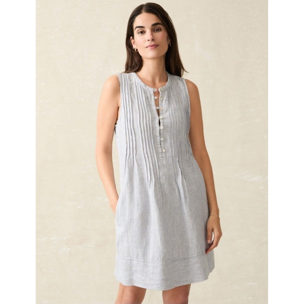 Faherty 100% Linen Striped Pintuck Sleeveless Shift Dress Blue White WDC0002-BMT